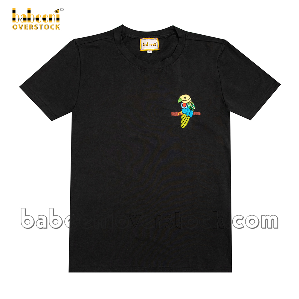 Embroidery colorful parrot women black t-shirt - BB2210